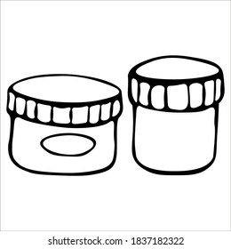 Care jars. Jars with shampoo, conditioner, mask, cream and ets. Single doodle vector illustration. Hand drawn.