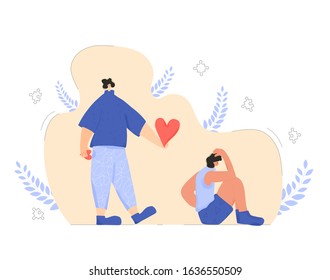 Care and kindness in theraphy. Character with love symbols try to help person with some mental issues. Vector flat cartoon illustration.