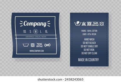 Care Labels Showing Company Logo, Size Guide From Xs To Xl, Fabric Composition, Detailed Care Icons, 3d Vector