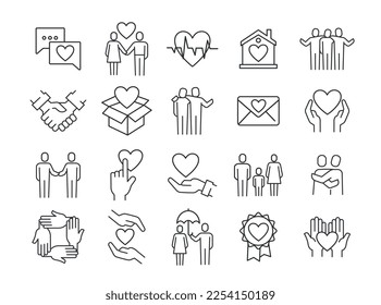 Care line icons set. Collection of graphic elements for website. Charity, kindness and generosity, donations and fund, activism. Cartoon flat vector illustratios isolated on white background