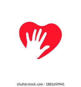 Care Logo Design. Charity Logo Design Inspiration. Love Illustration Concept. Logo Design Template With Hand and Love Shape. Vector Logo Illustration. EPS 10