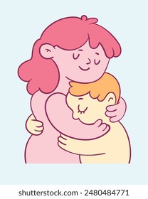 Care logo. Mother hugging her child. Funny cartoon character. Vector illustration. Isolated background