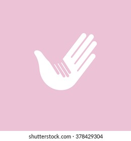 Care logo template. Vector isolated unusual sign. Human and children hands. Pink color symbol.