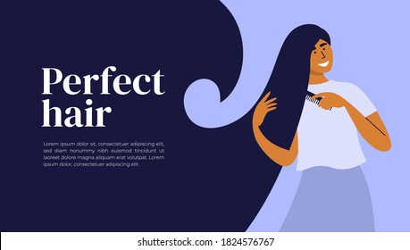 Care for long hair concept. Layout design with text and young woman combing, making hairdo by comb. Portrait of cute girl with beautiful perfect hair. Self hairdresser. Hairstyle vector illustration