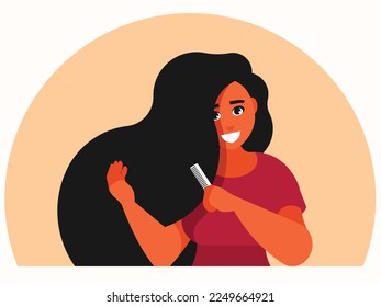 Care for long hair concept. Young woman combing, making hairdo by comb. Portrait of cute girl with beautiful perfect hair. Self hairdresser. Vector graphics