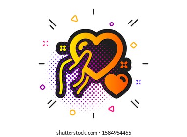 Care love emotion sign. Halftone circles pattern. Hold heart icon. Valentine day symbol. Classic flat hold heart icon. Vector