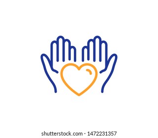 Care love emotion sign. Hold heart line icon. Valentine day symbol. Colorful outline concept. Blue and orange thin line hold heart icon. Vector