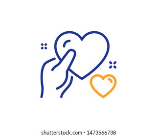 Care love emotion sign. Hold heart line icon. Valentine day symbol. Colorful outline concept. Blue and orange thin line hold heart icon. Vector