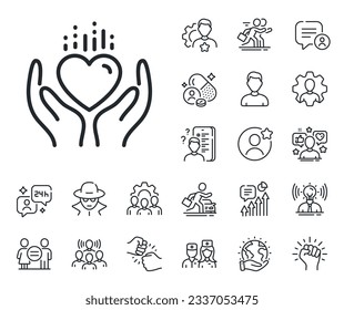 Care love emotion sign. Specialist, doctor and job competition outline icons. Hold heart line icon. Valentine day symbol. Hold heart line sign. Avatar placeholder, spy headshot icon. Vector