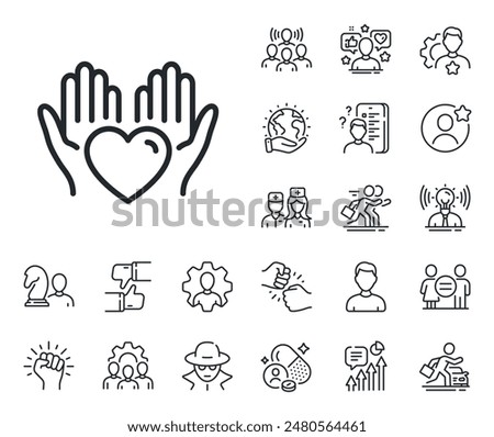 Care love emotion sign. Specialist, doctor and job competition outline icons. Hold heart line icon. Valentine day symbol. Hold heart line sign. Avatar placeholder, spy headshot icon. Vector