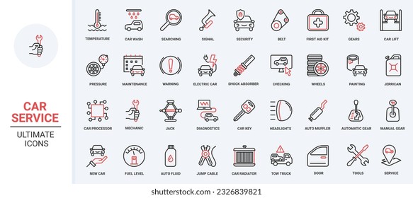 Tecnología de cuidado y mantenimiento para el automóvil, incluidos diagnósticos informáticos, carga de la batería del vehículo eléctrico y control de la presión del aire en los neumáticos. Iconos de línea delgada de color rojo moderno configuran la ilustración vectorial.