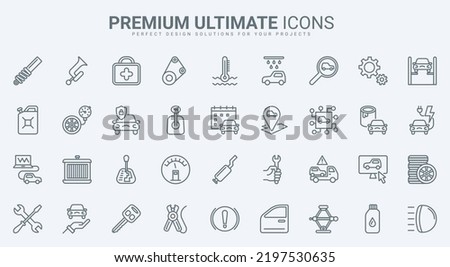 Care and maintenance technology for car thin line icons set vector illustration. Outline garage collection, computer diagnostics and charge battery of electric vehicle, check air pressure in tyres