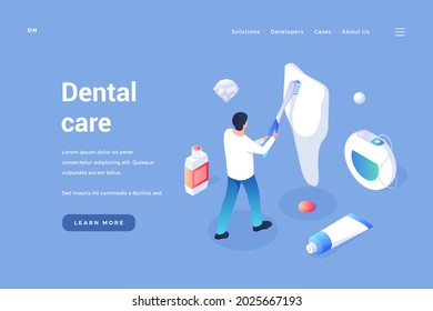 Care and maintenance of teeth. Dental prophylaxis of oral cavity and removal calculus. Whitening enamel and daily cleaning of gums. Aesthetic jewelry inserts. Vector home page isometric