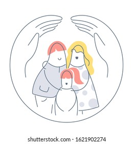 Care, medical and health security family insurance, support and help. Little girl and her parents hugging, hands around protecting them. Clean line vector illustration