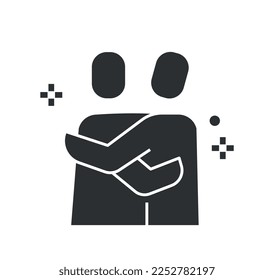 Care men hugging icon black. Sticker for social networks and messengers. Feelings and emotions, support. Friends, teamwork and partnership. Cartoon flat vector illustration