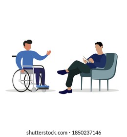 Care mental consultant to handicap person in wheelchair. Vector medical counseling for recovery invalid illustration. Rehabilitation physiotherapy healthcare invalid