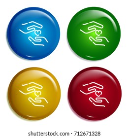Care multi color gradient glossy badge icon set. Realistic shiny badge icon or logo mockup