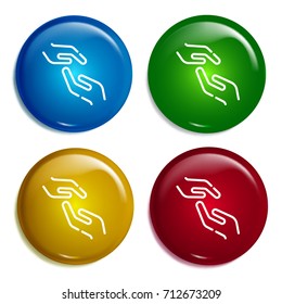 Care multi color gradient glossy badge icon set. Realistic shiny badge icon or logo mockup
