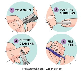 Care of natural nails. DIY manicure. Manicure steps. healthcare illustration. Vector illustration. 