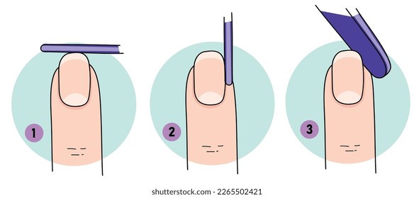 Care of natural nails. DIY manicure. File the nail. Manicure steps. Healthcare illustration. Vector illustration. 