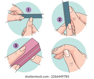 Cuidado de las uñas naturales. Manicura de bricolaje. Foca la uña. Pasos de manicura. Ilustración sanitaria. Ilustración vectorial.