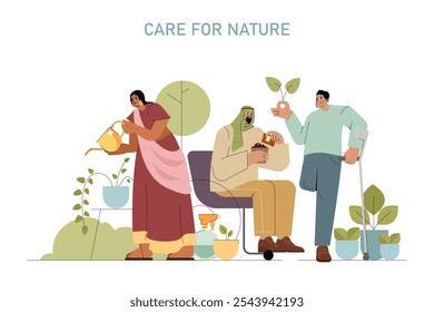 Cuidado com o conceito de Natureza. Pessoas envolvidas em atividades de plantação, promovendo a proteção ambiental. Cultivar plantas, promover o crescimento, unidade na diversidade. Ilustração vetorial.