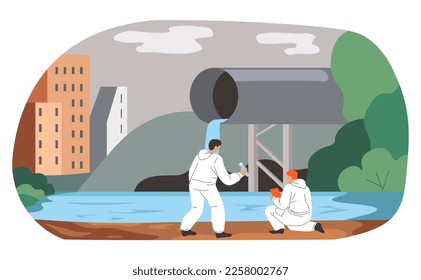 Care for nature and prevention of harmful impact on human organism. Scientists in costumes making analysis of water, river or lake in city. Ecological awareness and resources. Vector in flat style