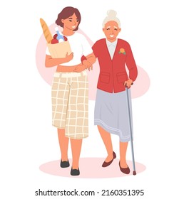 Care for old senior people. Woman help elderly female with grocery shopping and crossing road vector illustration. Volunteering and charity service