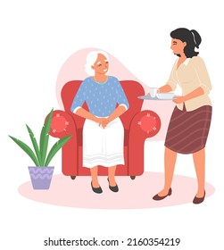 Care for old senior people. Woman bring tea to old person vector illustration. Personal assistance on retirement. Nursing home, volunteering and charity service