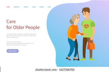 Care for older people vector, man helping old lady to carry bags, volunteering male assisting senior pensioner. Social worker wearing tshirt. Website or slider app, landing page flat style