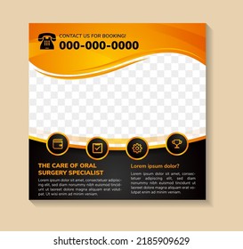 the care of oral surgery specialist square banner design template. Modern banner with orange wave frame and place for the photo. Suitable for social media post, banners, signs, flyers, and websites.