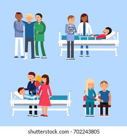 Care of patients in hospital. Medical therapy. Vector illustrations. Diagnostic and assistance hospitalization, consultation and healthcare