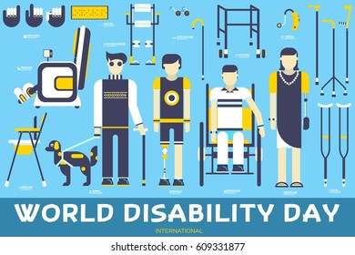 Care people with disabled illustration concept. Flat World disability day icons set illustrations. Vector elements for mans help background