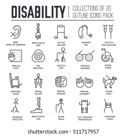 Care people with disabled thin line illustration concept. Flat outline world disability day icons set illustrations. Vector elements for mans help background