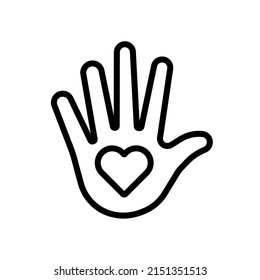 Care for people. Heart symbol inside the palm of the hand. Icon vector illustration in outline style