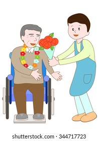The care person who celebrates the elderly person of the wheelchair