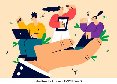 Care for personnel, employee benefits, comfortable workplace concept. Giant hand holding group of young smiling workers enjoying benefits and workplace vector illustration 