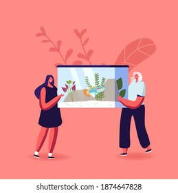 Care of Pets, Aquaristics Hobby Concept. Female Characters Carry Aquarium with Various Decor, Seaweeds on Bottom and Fish Inside. People Decorate Home with Aquarium. Cartoon Vector Illustration