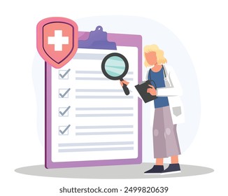 Care plan of medical test report for finding report disease problems with magnifying glass, doctor searching in document of care plan strategy for patient and doctor with healthcare professionals