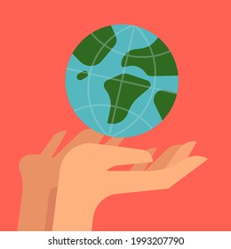 Care for planet concept vector minimalist illustration with hands holding little green planet Earth with palms. Environment and nature care and protection visual