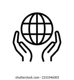 Care for the planet, for humanity. Hands hold the planet. World protect symbol. Icon vector illustration in outline style