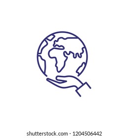 Care of planet line icon. Hand holding globe, ecology, peace. Recycling concept. Vector illustration can be used for topics like protection, ecosystem, travel