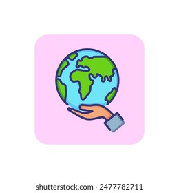 Care of planet line icon. Hand holding globe, ecology, peace. Recycling concept. Vector illustration can be used for topics like protection, ecosystem, travel