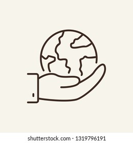 Care of planet line icon. Hands holding globe. Volunteering concept. Can be used for topics like ecology, environment protection, recycling