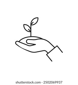 Care of plant line icon. Hand, holding, sapling, leaf. Gardening concept. Vector illustration can be used for topics like growth, planting, ecology