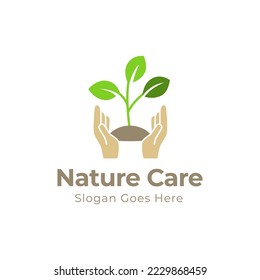 Care of plant logo. Hand, holding, sapling, leaf. Gardening concept. Vector illustration can be used for topics like growth, planting, ecology