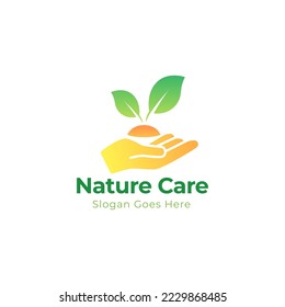 Care of plant logo. Hand, holding, sapling, leaf. Gardening concept. Vector illustration can be used for topics like growth, planting, ecology