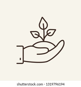 Care of plants line icon. Hands holding sprout. Volunteering concept. Can be used for topics like environment, nature, greenery, forest