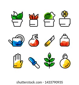 Care of plants. Vector icon set. Outline and color
