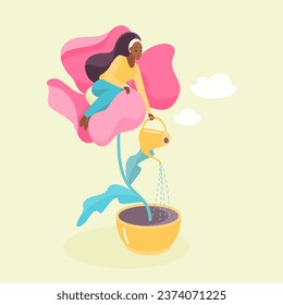 Care for positive mindset and wellbeing, self love, mental health vector illustration. Cartoon tiny young woman sitting inside growing flower to water from watering can, personal therapy for girl